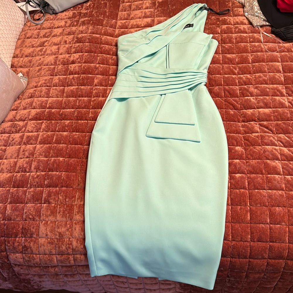 One shoulder, light green wedding guest dress!